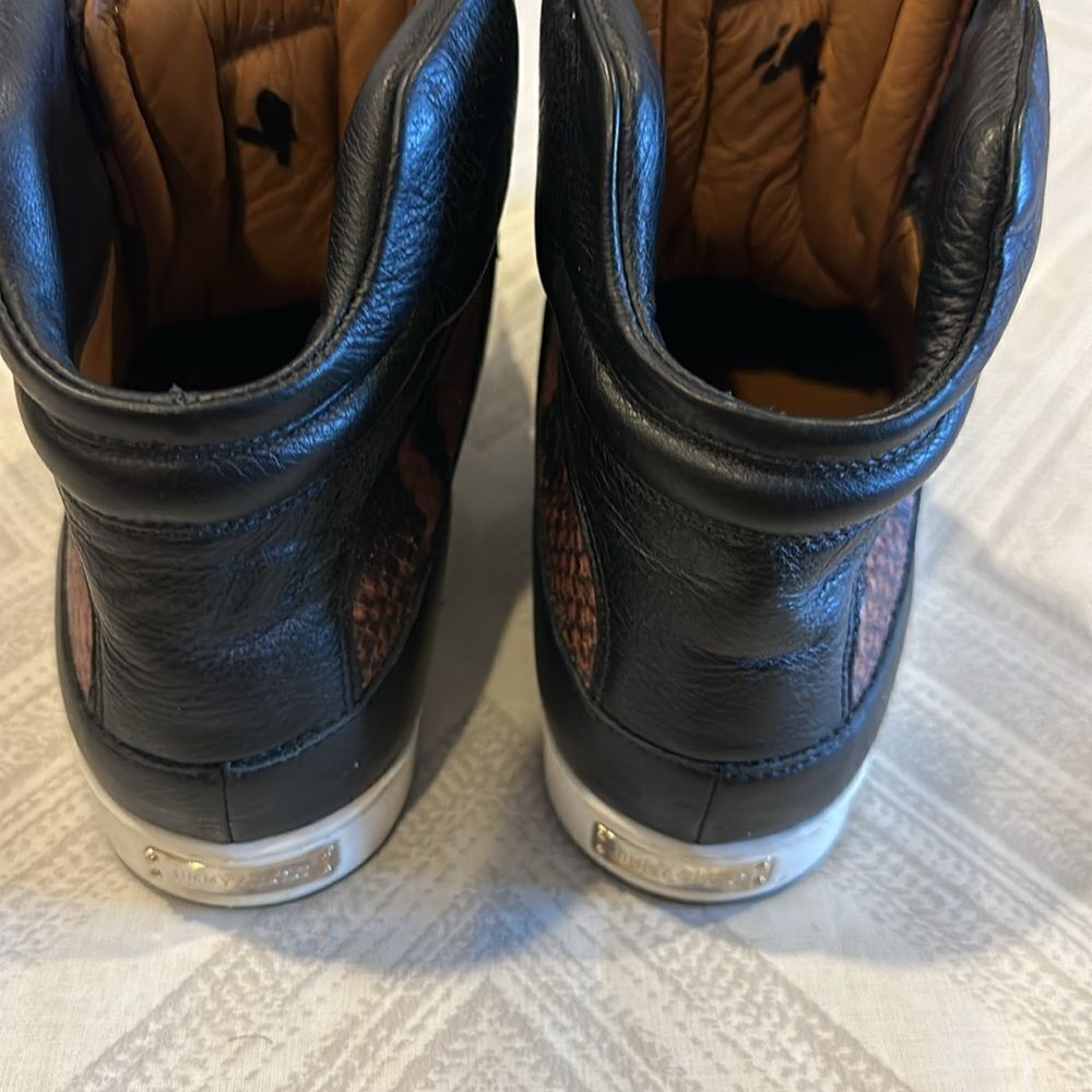 Jimmy Choo Yazz Black Brown Snakeskin Print High-Top Sneakers Gold Velcro Siz 37 - Picture 4 of 9